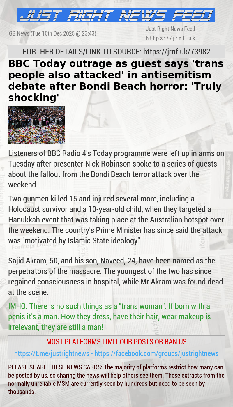 BBC Today outrage as guest says ’trans people also attacked’ in antisemitism debate after Bondi Beach horror: ’Truly shocking’