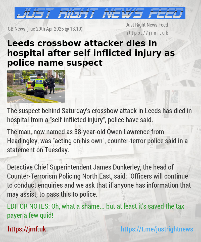 Leeds crossbow attacker dies in hospital after self—inflicted injury as police name suspect