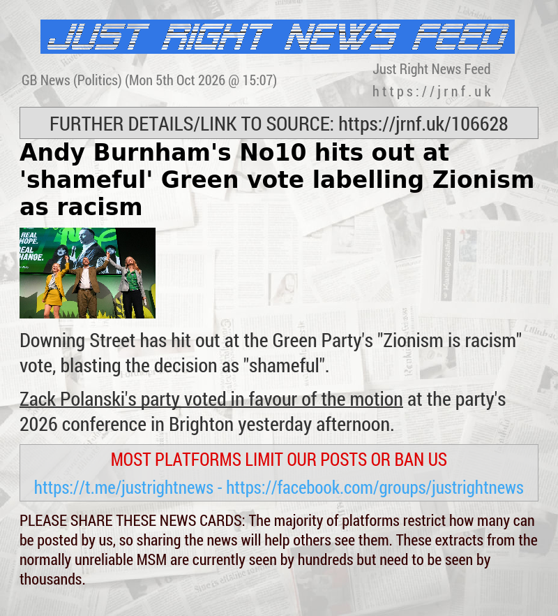 Andy Burnham’s No10 hits out at ’shameful’ Green vote labelling Zionism as racism