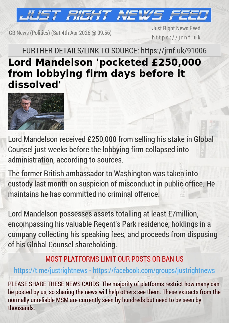 Lord Mandelson ’pocketed &pound;250,000 from lobbying firm days before it dissolved’
