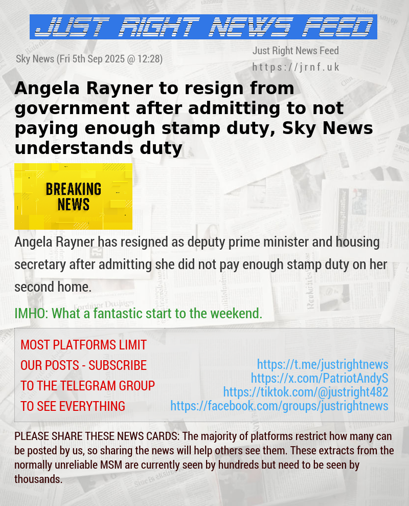 Angela Rayner to resign from government after admitting to not paying enough stamp duty, Sky News understands duty