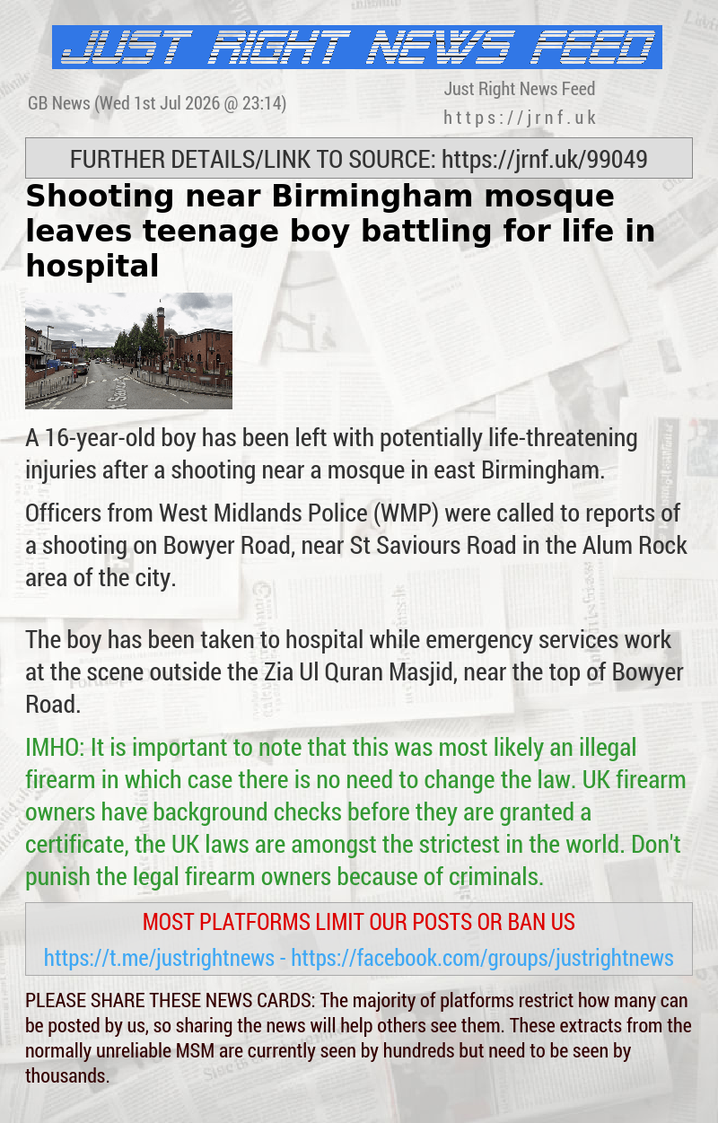Shooting near Birmingham mosque leaves teenage boy battling for life in hospital