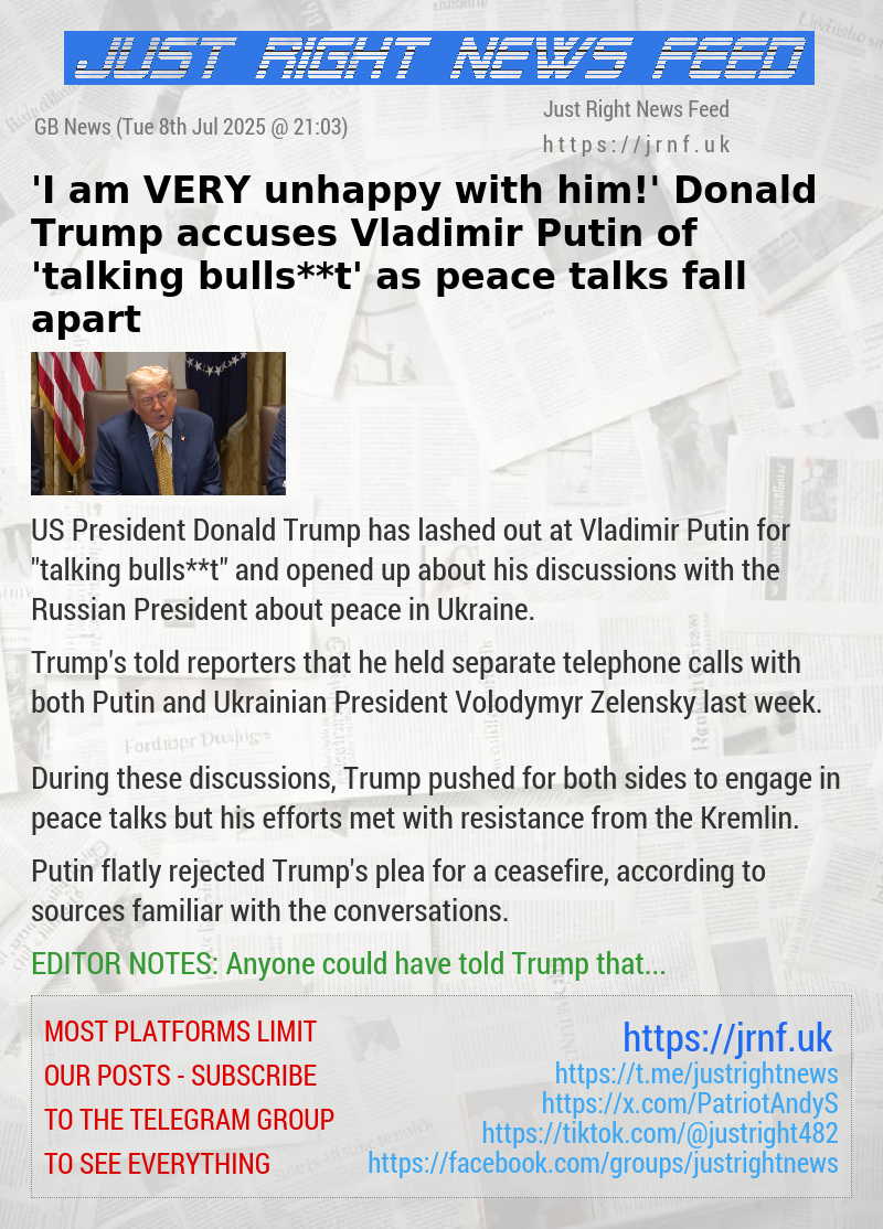 ’I am VERY unhappy with him!’ Donald Trump accuses Vladimir Putin of ’talking bulls**t’ as peace talks fall apart