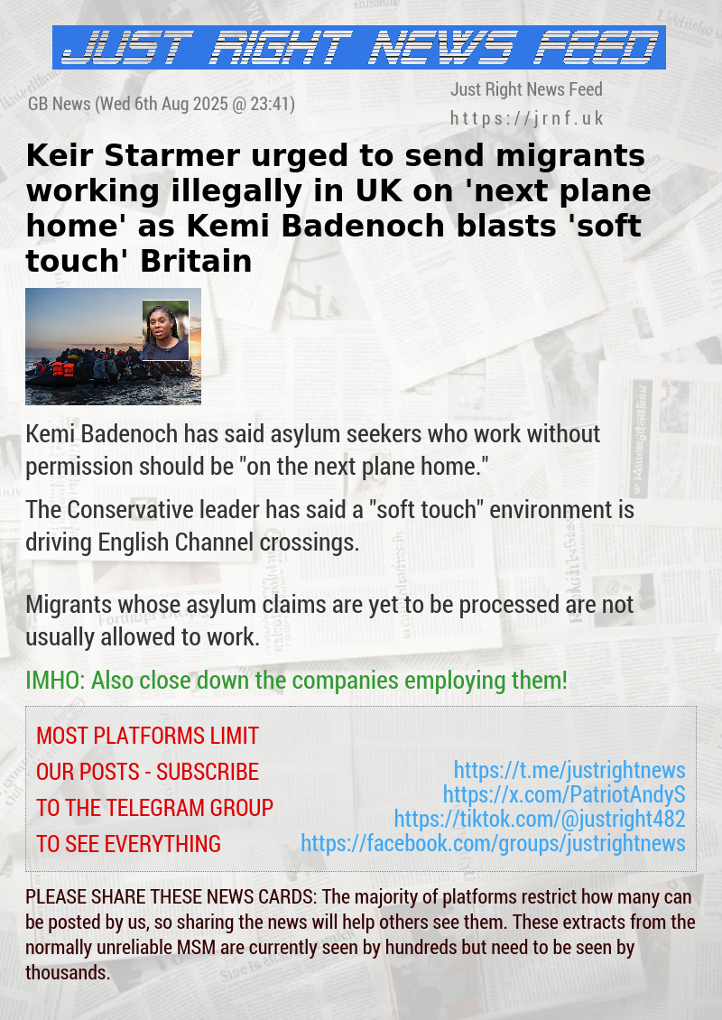 Keir Starmer urged to send migrants working illegally in UK on ’next plane home’ as Kemi Badenoch blasts ’soft touch’ Britain