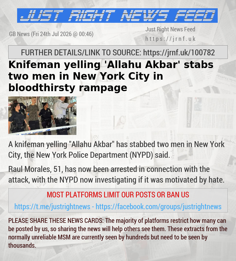 Knifeman yelling ’Allahu Akbar’ stabs two men in New York City in bloodthirsty rampage