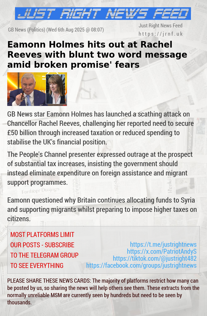 Eamonn Holmes hits out at Rachel Reeves with blunt two—word message amid ‘broken promise’ fears