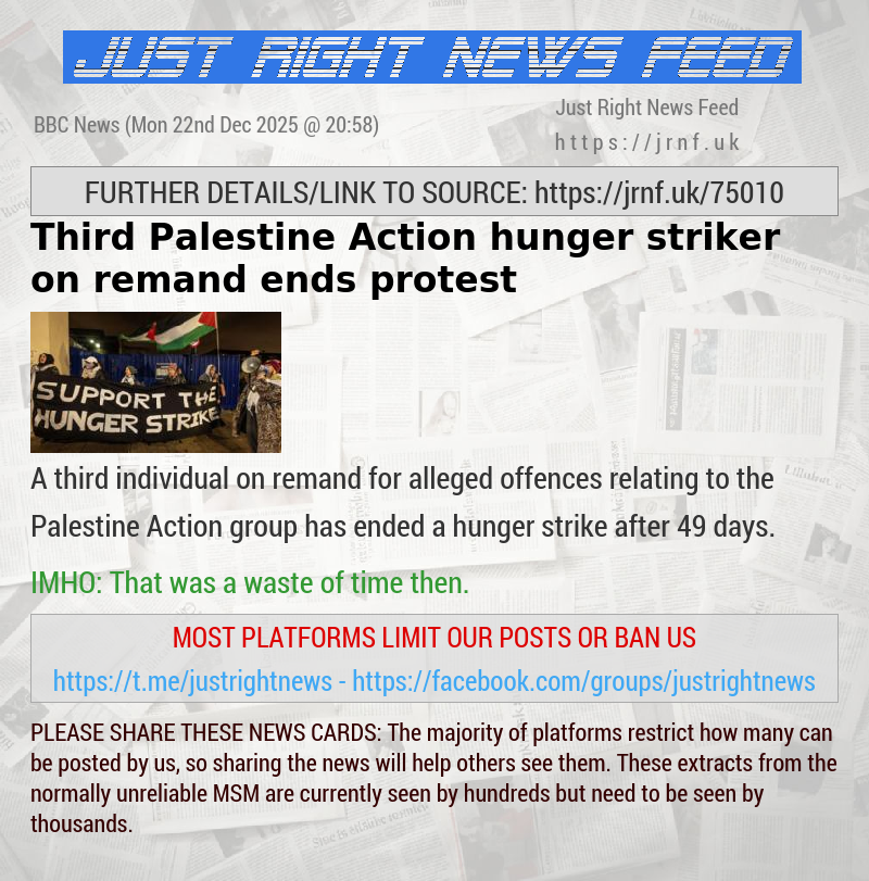 Third Palestine Action hunger striker on remand ends protest