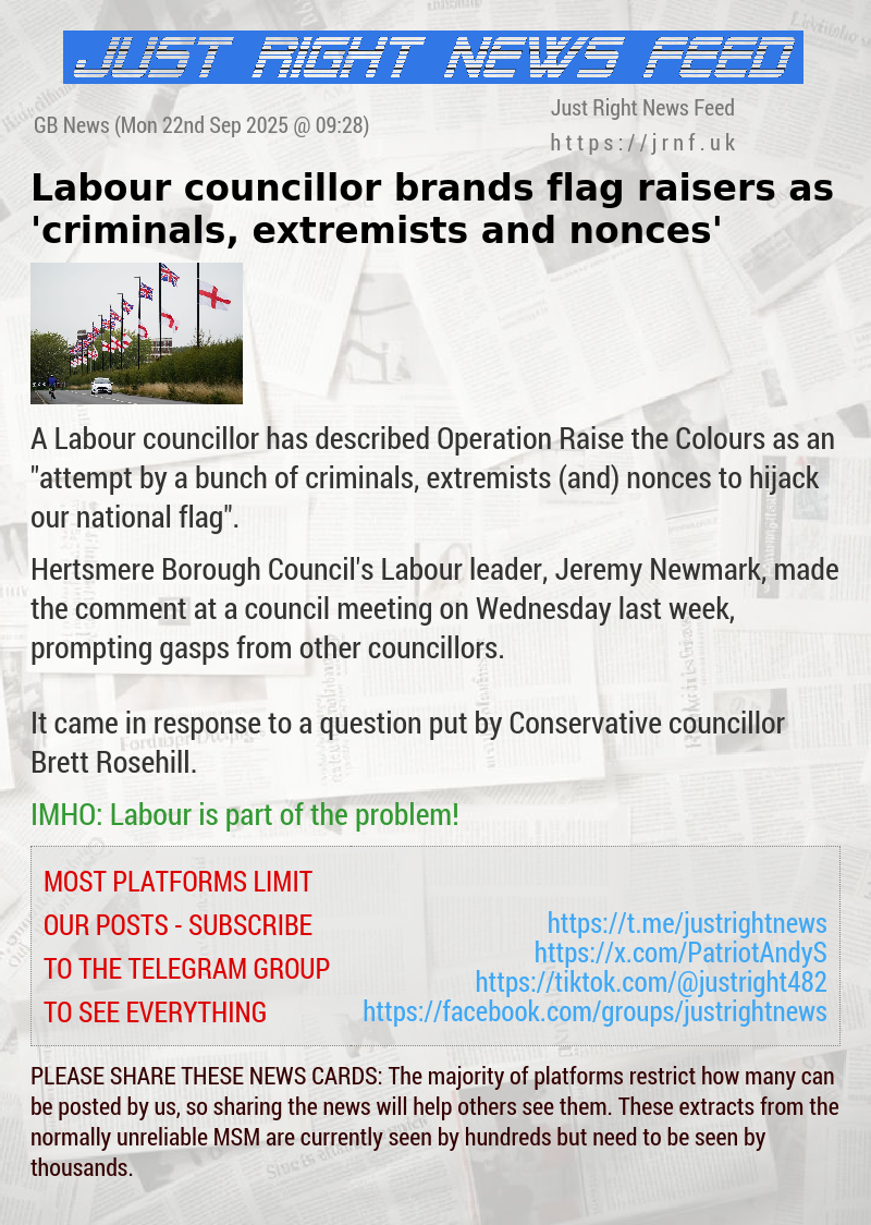 Labour councillor brands flag raisers as ’criminals, extremists and nonces’