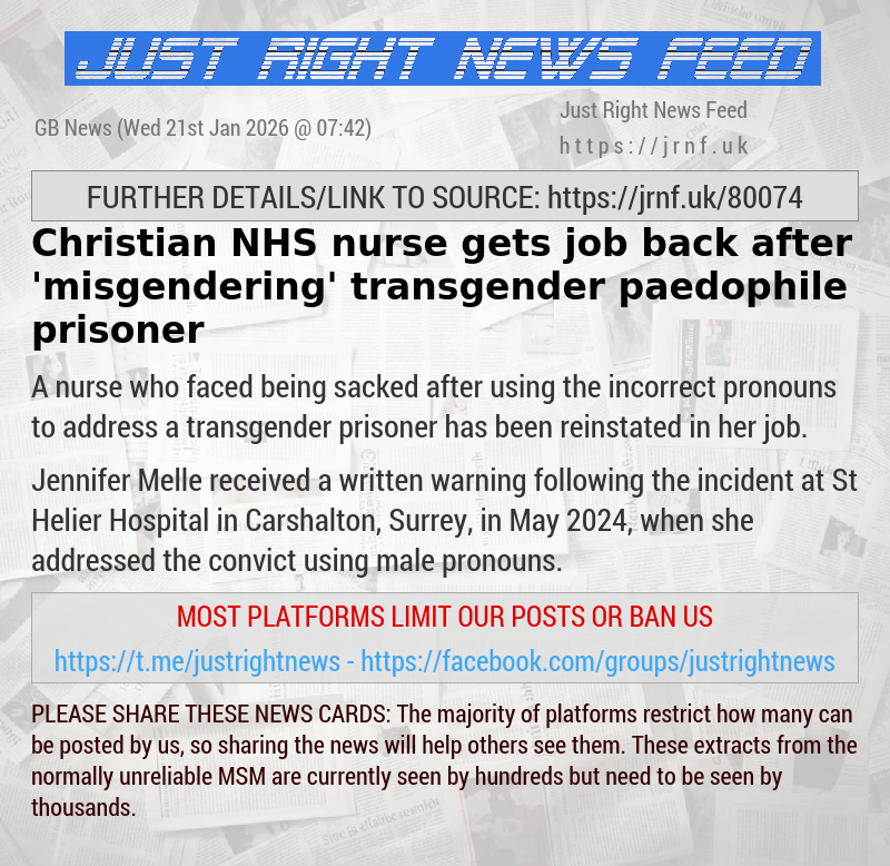 Christian NHS nurse gets job back after ’misgendering’ transgender paedophile prisoner