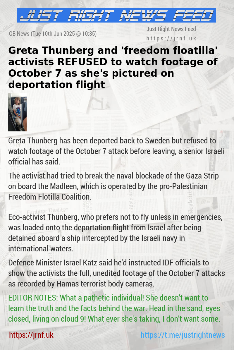 Greta Thunberg and ’freedom floatilla’ activists REFUSED to watch footage of October 7 as she’s pictured on deportation flight
