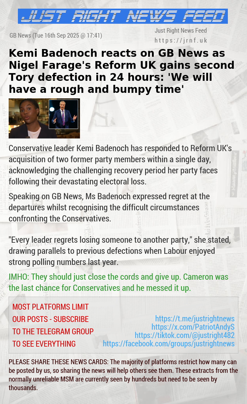 Kemi Badenoch reacts on GB News as Nigel Farage’s Reform UK gains second Tory defection in 24 hours: ‘We will have a rough and bumpy time’