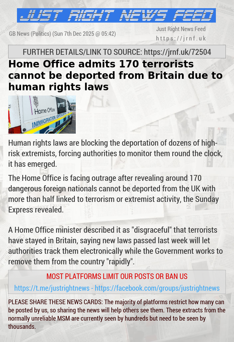 Home Office admits 170 terrorists cannot be deported from Britain due to human rights laws