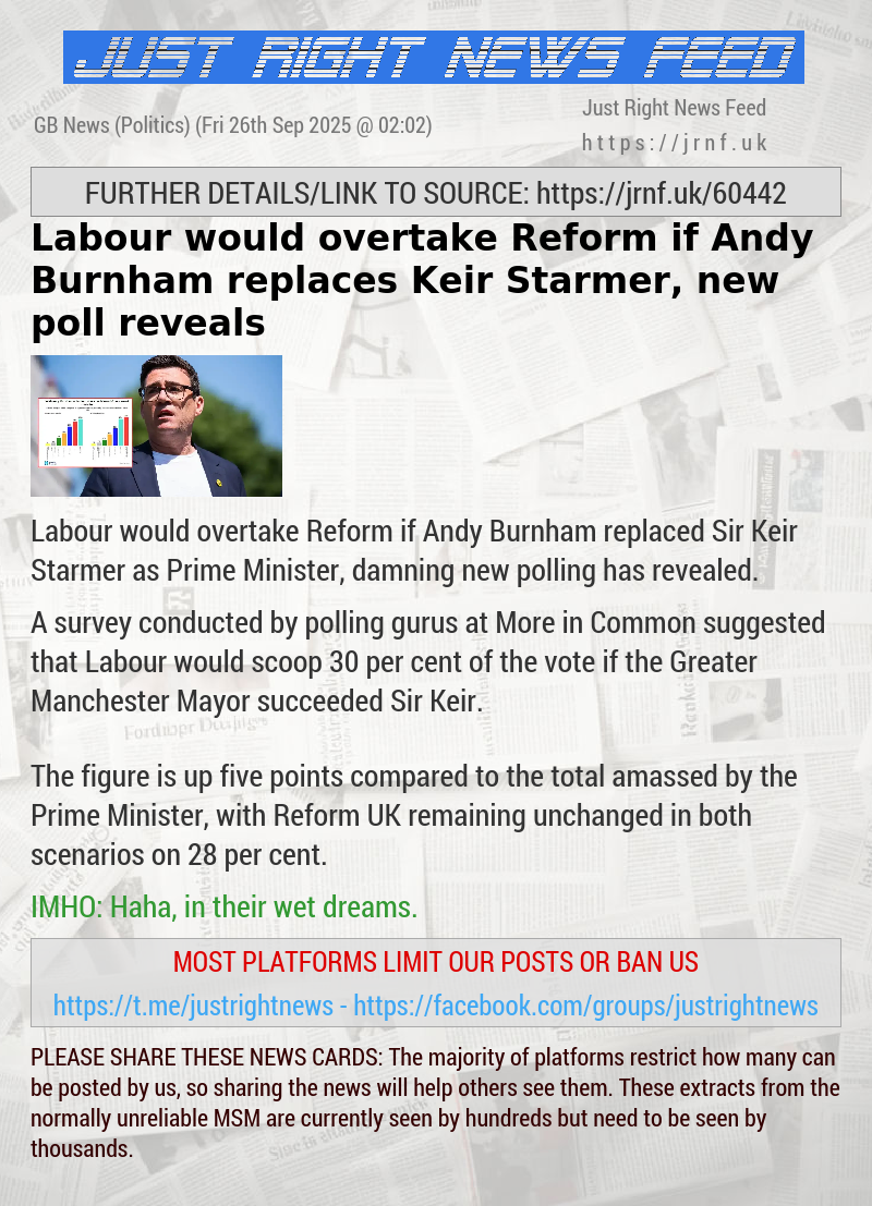 Labour would overtake Reform if Andy Burnham replaces Keir Starmer, new poll reveals