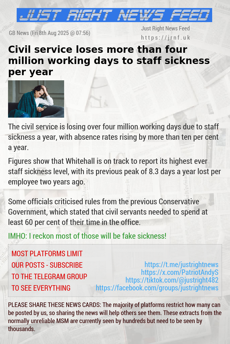 Civil service loses more than four million working days to staff sickness per year