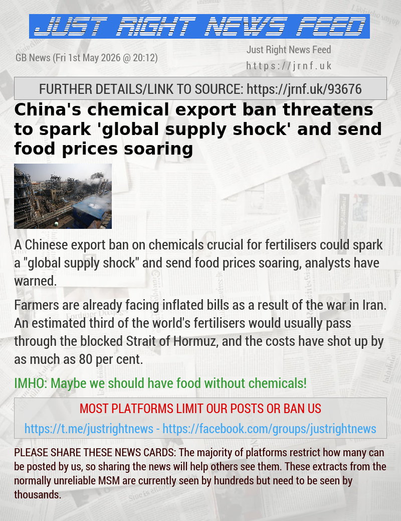 China’s chemical export ban threatens to spark ’global supply shock’ and send food prices soaring