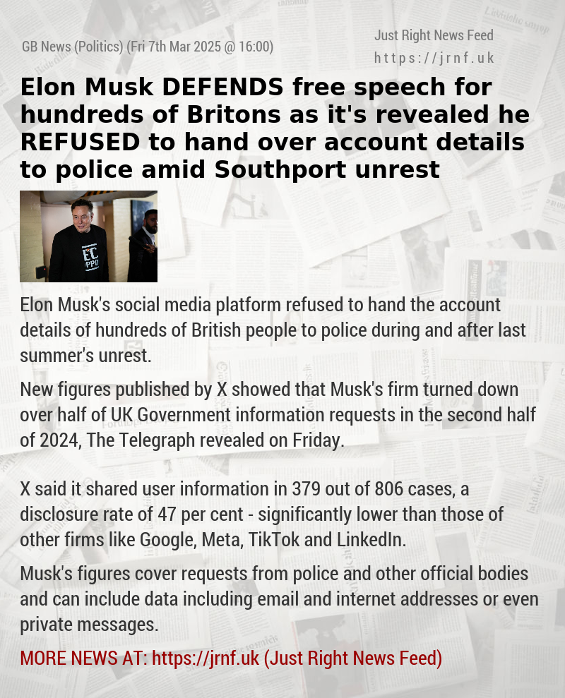 Elon Musk DEFENDS free speech for hundreds of Britons as it’s revealed he REFUSED to hand over account details to police amid Southport unrest