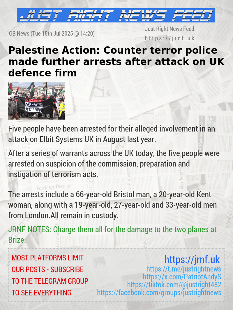Palestine Action: Counter terror police made further arrests after attack on UK defence firm