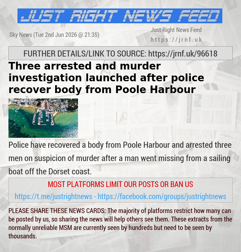 Three arrested and murder investigation launched after police recover body from Poole Harbour 