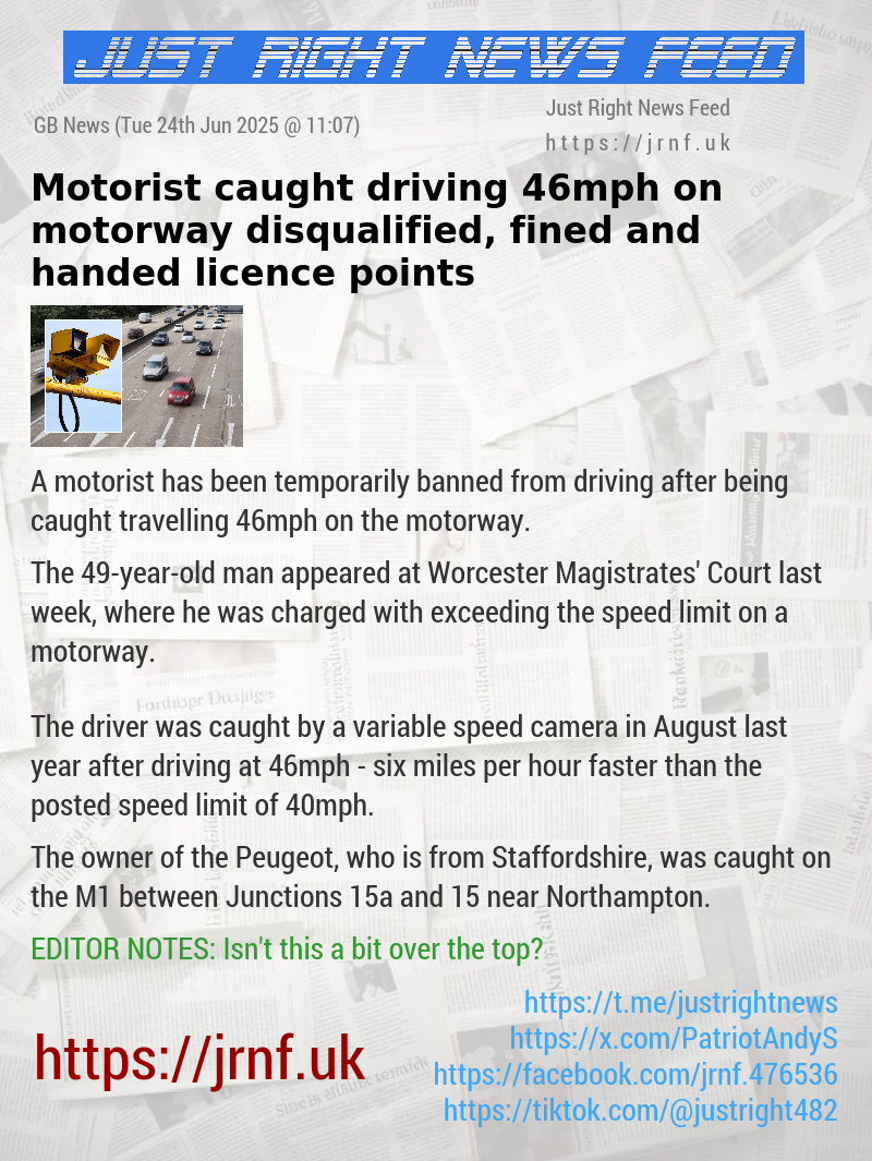 Motorist caught driving 46mph on motorway disqualified, fined and handed licence points