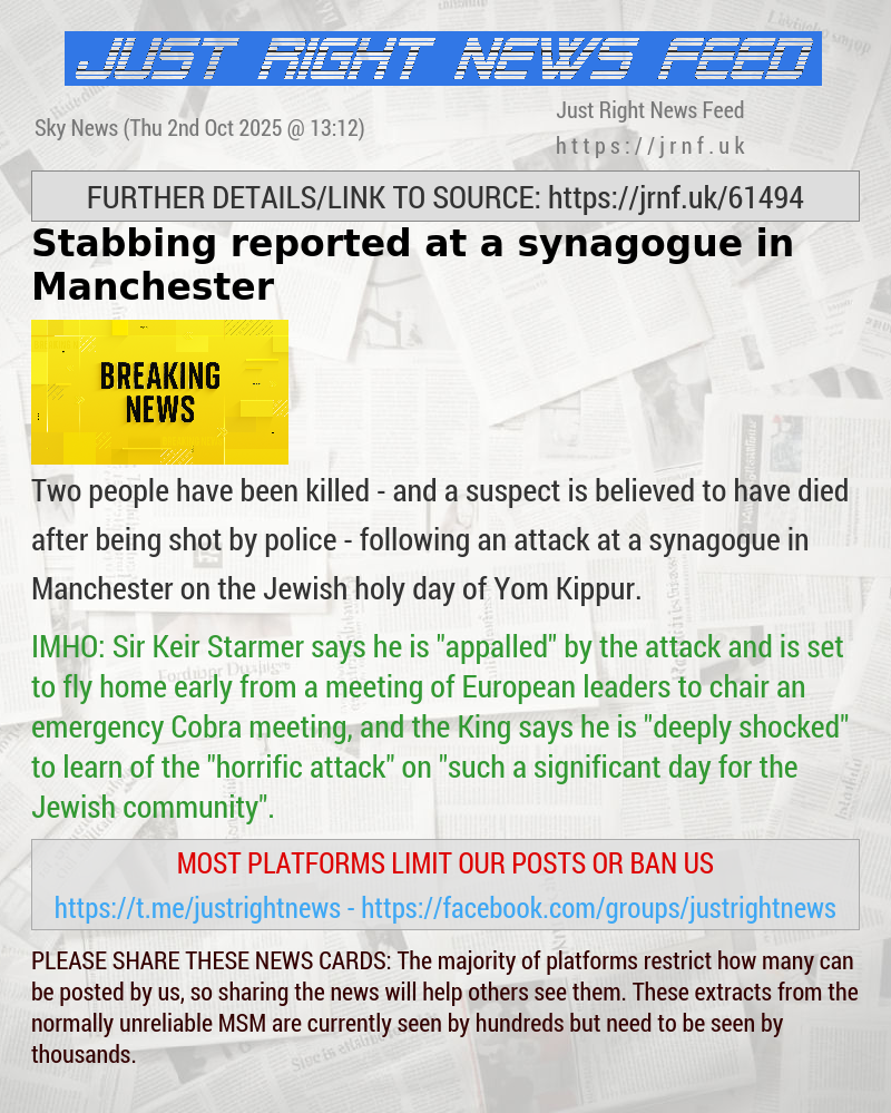 Stabbing reported at a synagogue in Manchester