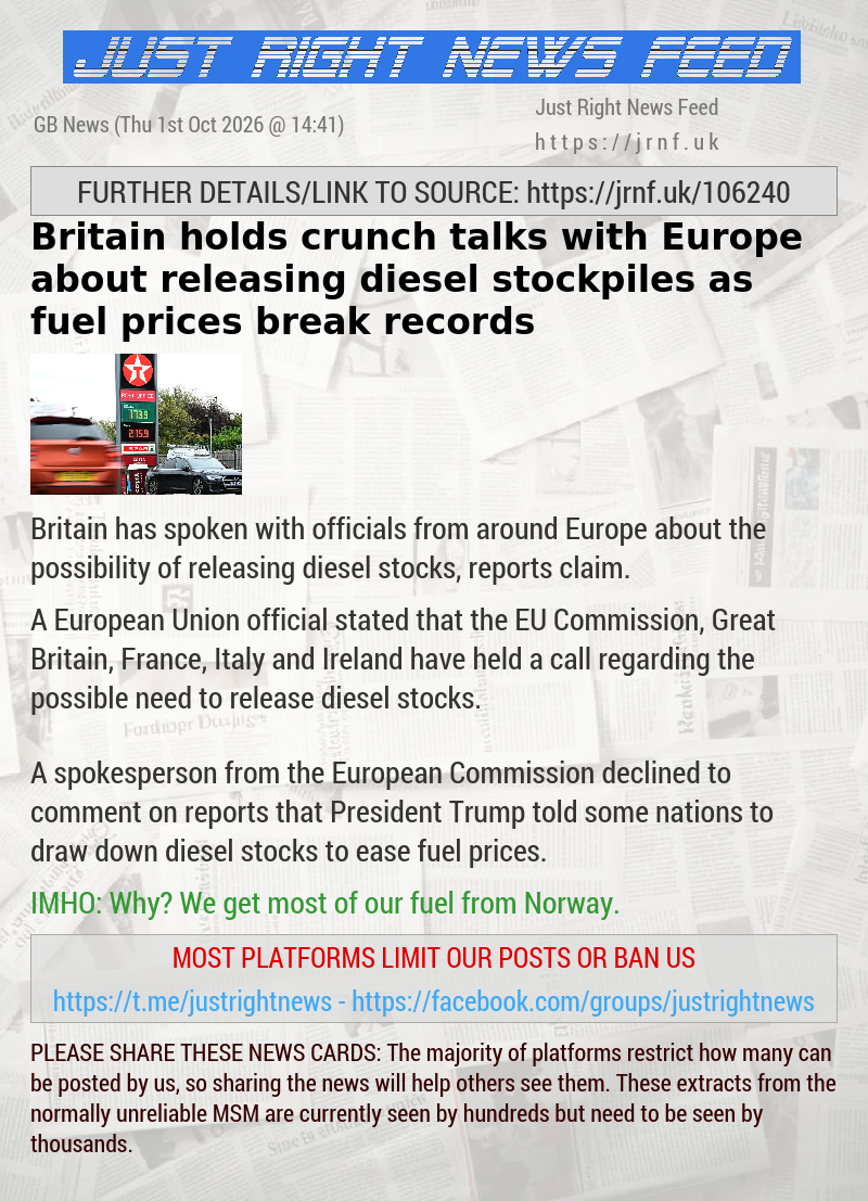 Britain holds crunch talks with Europe about releasing diesel stockpiles as fuel prices break records