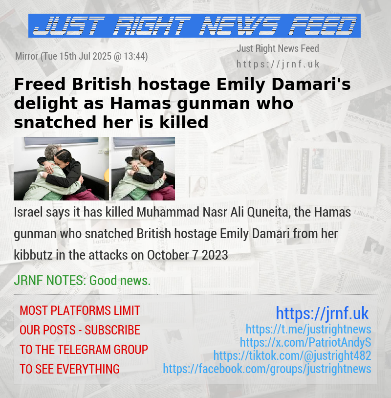Freed British hostage Emily Damari’s delight as Hamas gunman who snatched her is killed