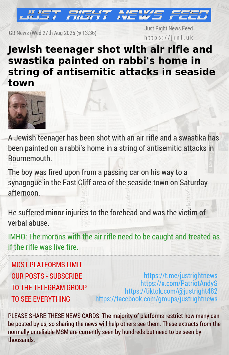 Jewish teenager shot with air rifle and swastika painted on rabbi’s home in string of antisemitic attacks in seaside town