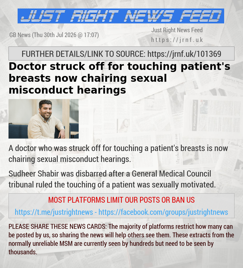 Doctor struck off for touching patient’s breasts now chairing sexual misconduct hearings