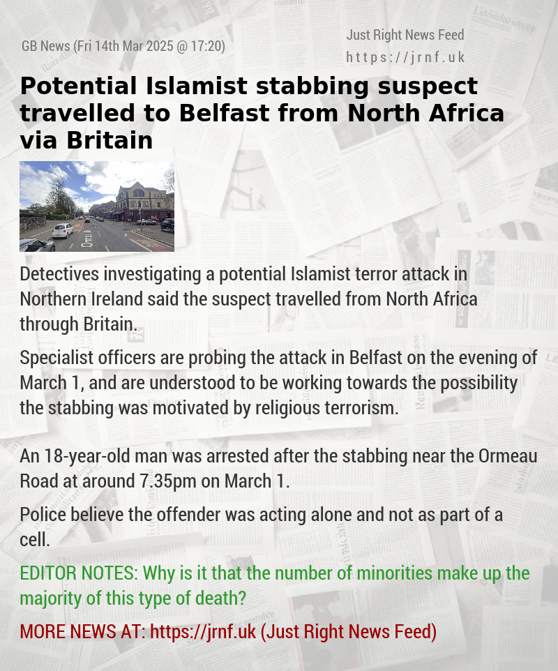 Potential Islamist stabbing suspect travelled to Belfast from North Africa via Britain