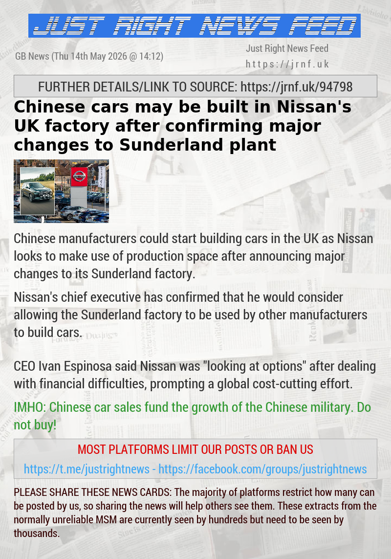 Chinese cars may be built in Nissan’s UK factory after confirming major changes to Sunderland plant