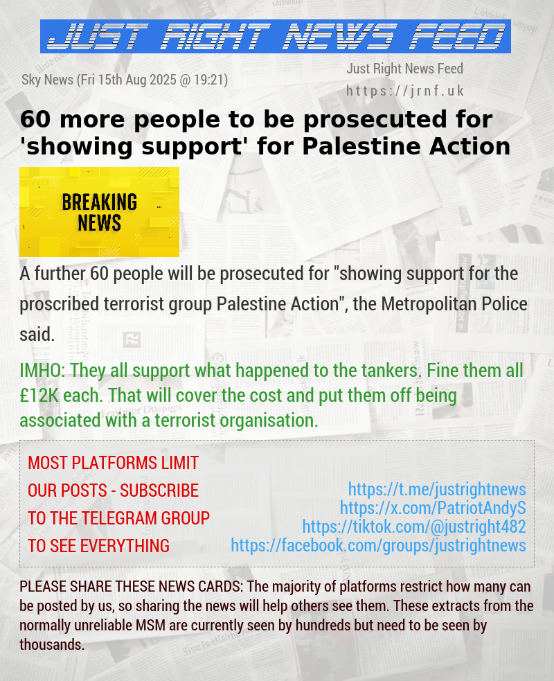 60 more people to be prosecuted for ’showing support’ for Palestine Action
