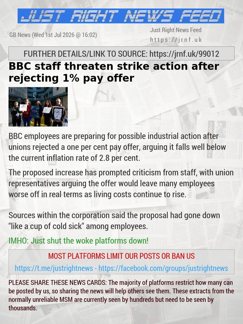 BBC staff threaten strike action after rejecting 1% pay offer