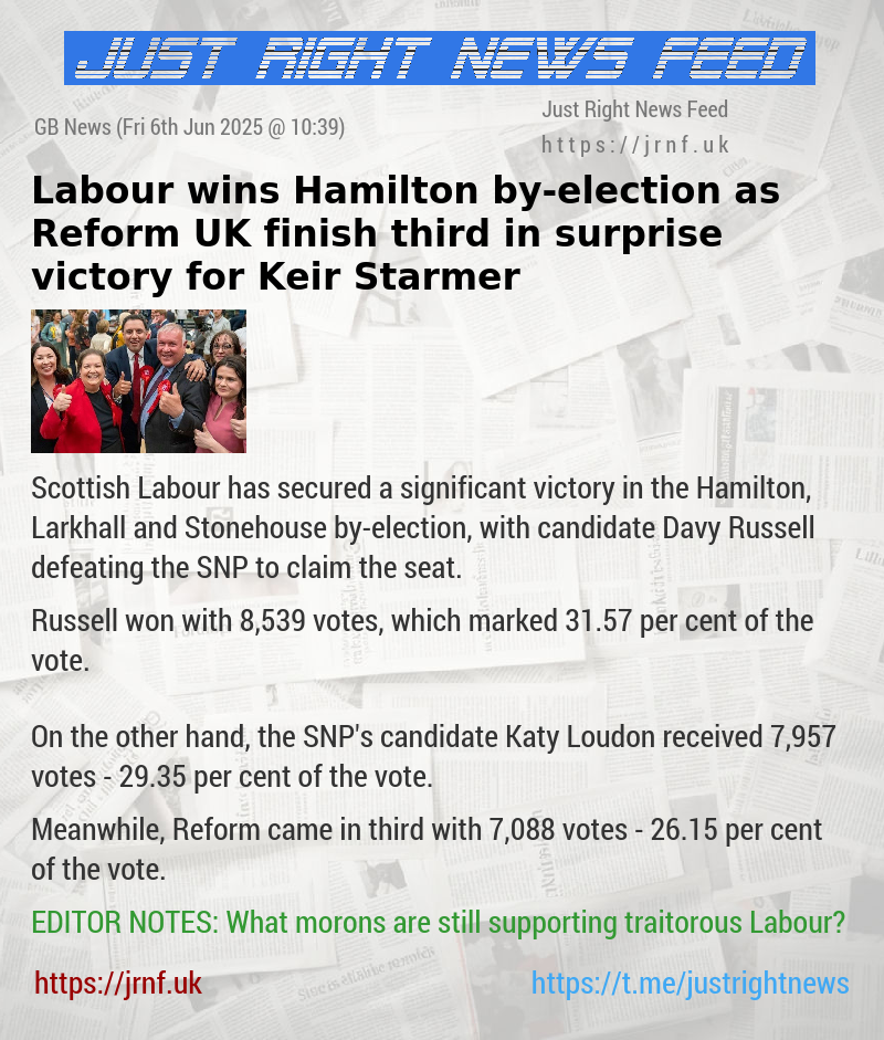 Labour wins Hamilton by—election as Reform UK finish third in surprise victory for  Keir Starmer