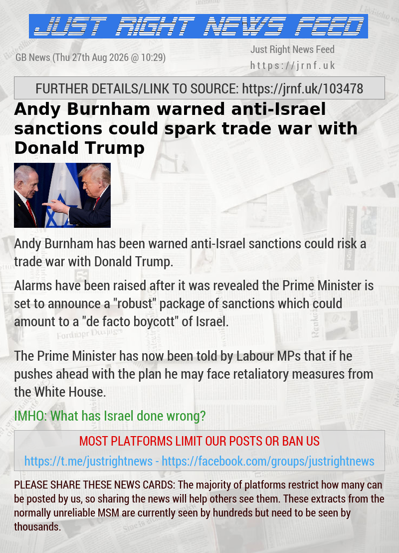 Andy Burnham warned anti—Israel sanctions could spark trade war with Donald Trump