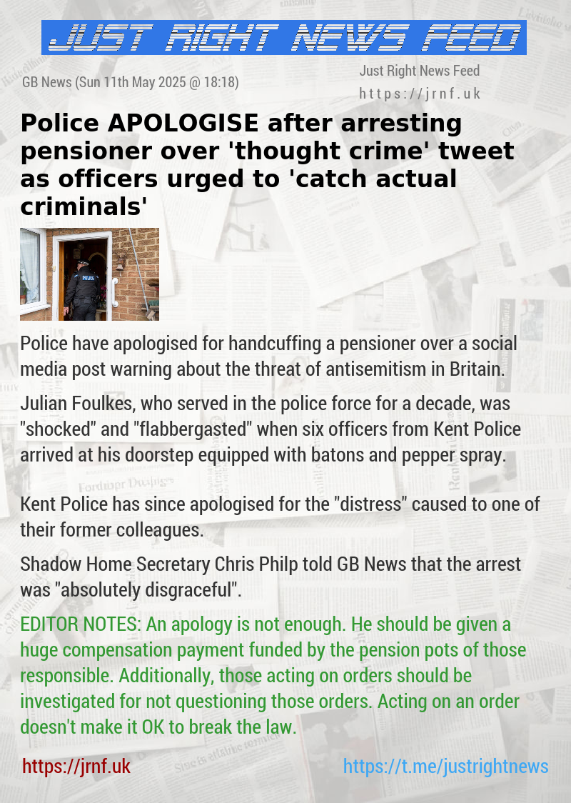 Police APOLOGISE after arresting pensioner over ’thought crime’ tweet as officers urged to ’catch actual criminals’
