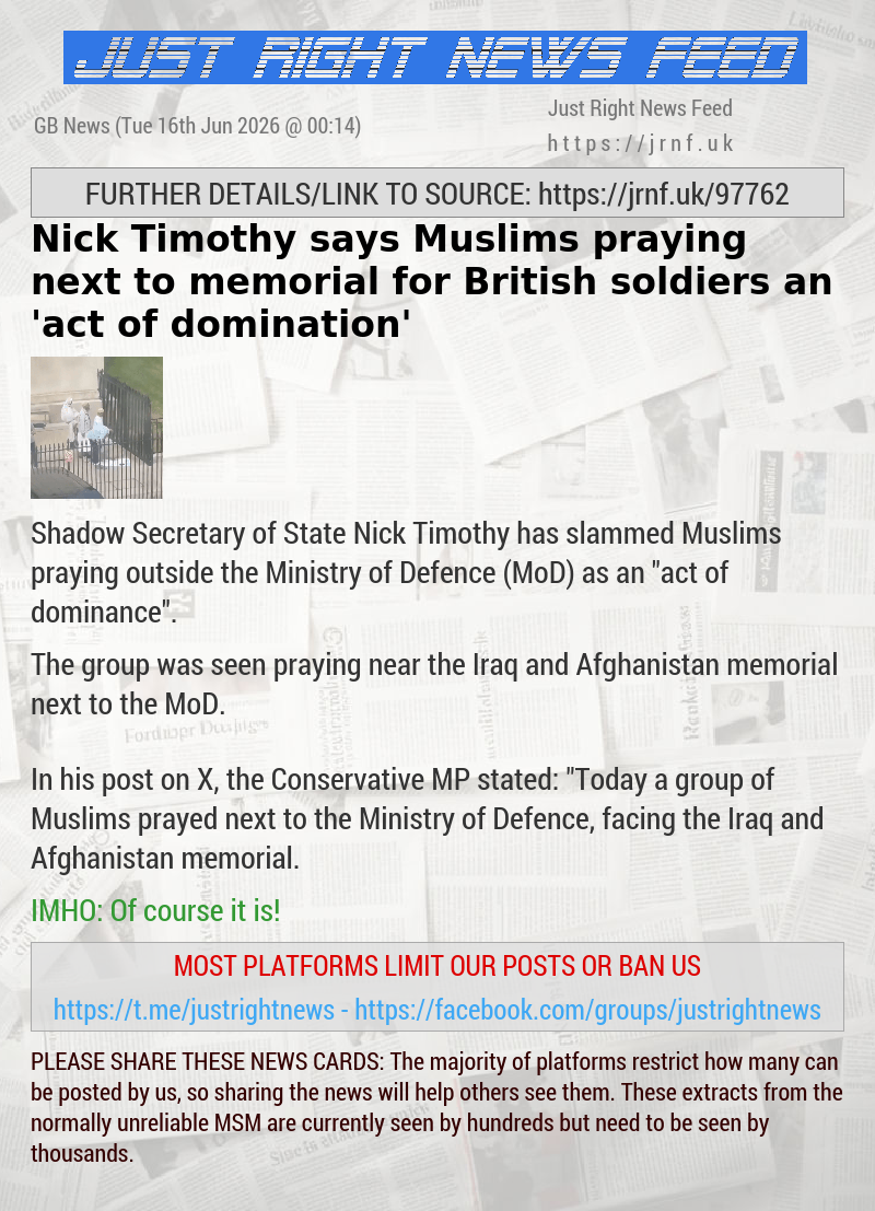 Nick Timothy says Muslims praying next to memorial for British soldiers an ‘act of domination’