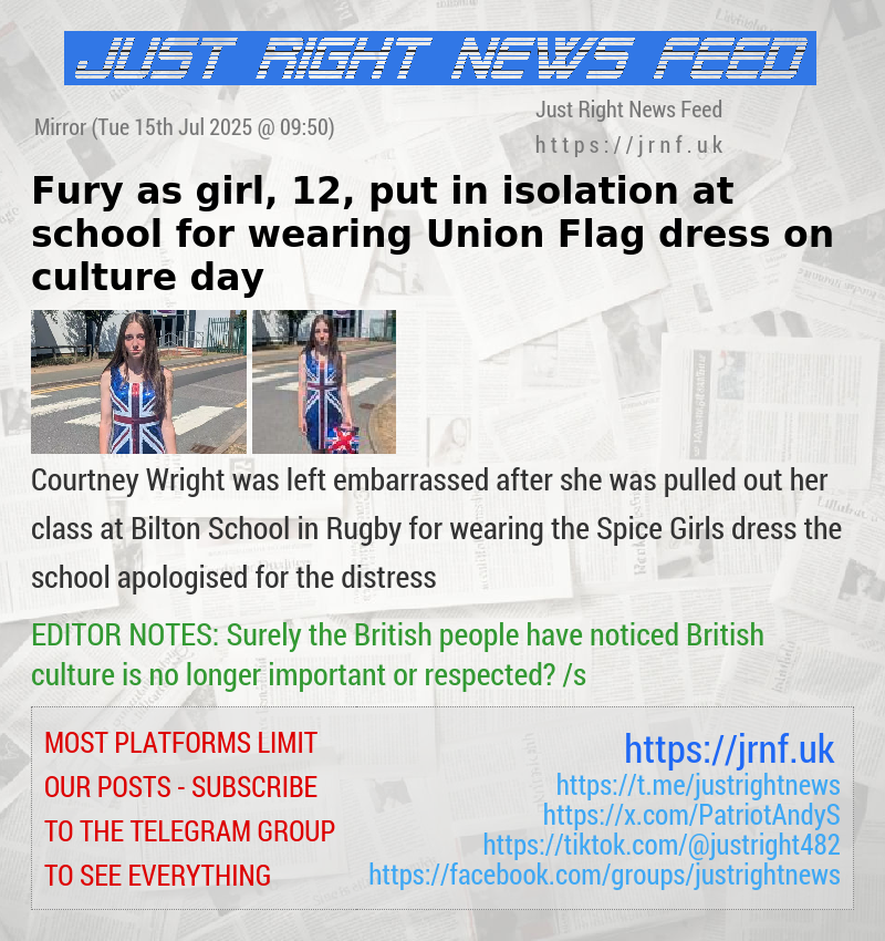 Fury as girl, 12, put in isolation at school for wearing Union Flag dress on culture day