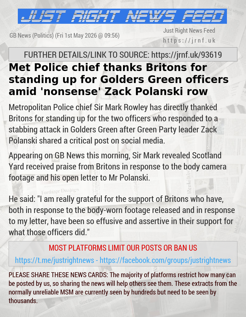 Met Police chief thanks Britons for standing up for Golders Green officers amid ’nonsense’ Zack Polanski row