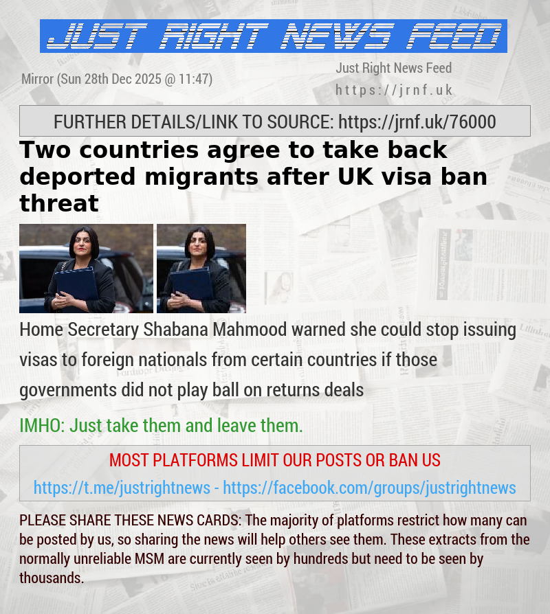 Two countries agree to take back deported migrants after UK visa ban threat