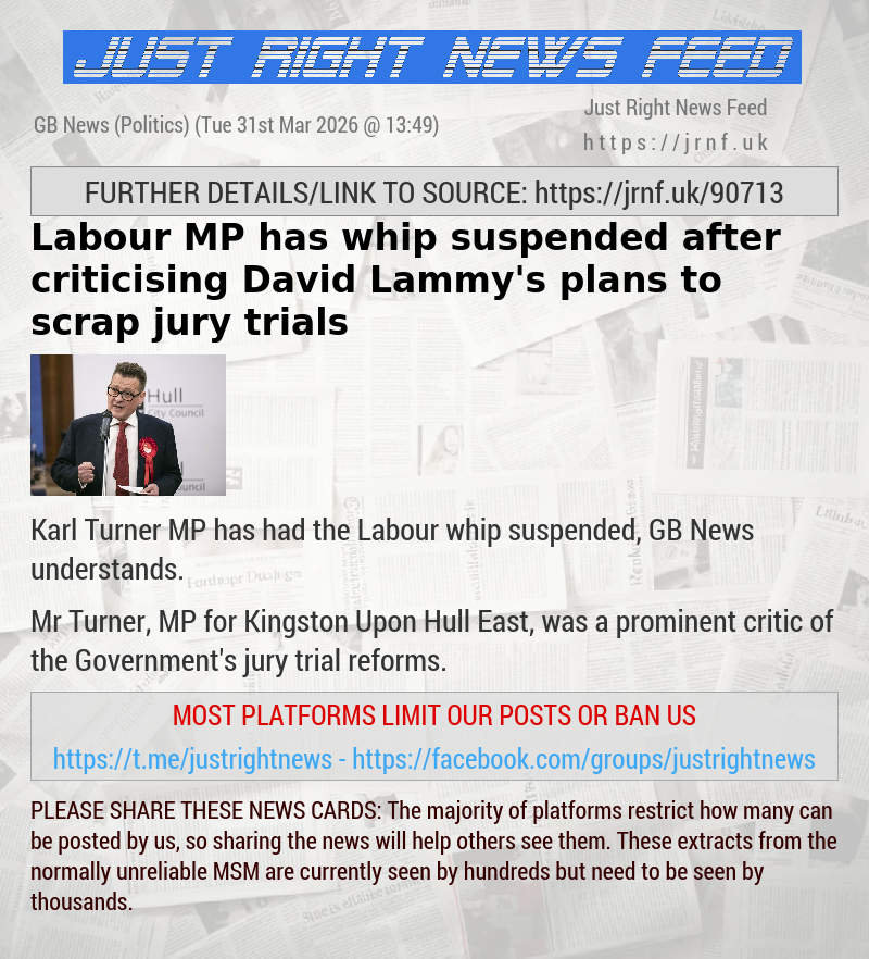 Labour MP has whip suspended after criticising David Lammy’s plans to scrap jury trials