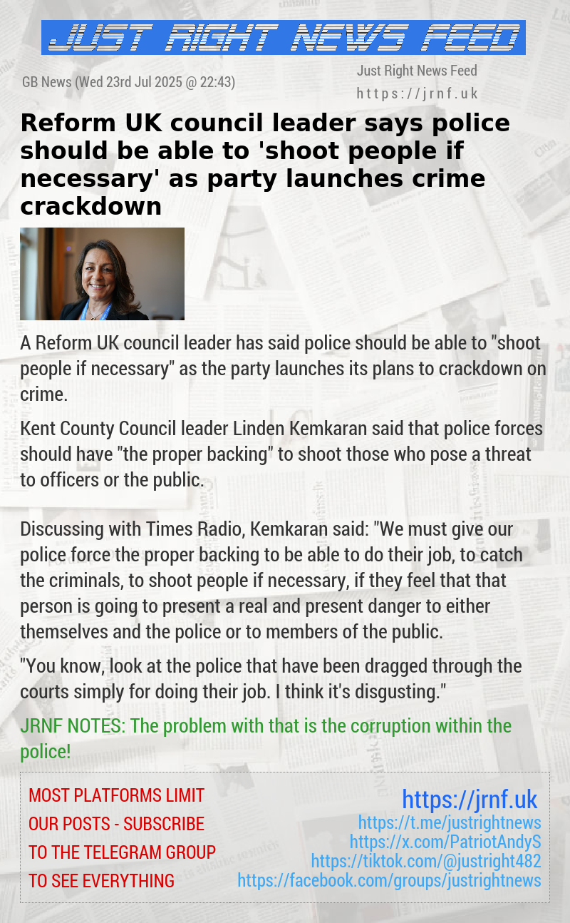 Reform UK council leader says police should be able to ’shoot people if necessary’ as party launches crime crackdown