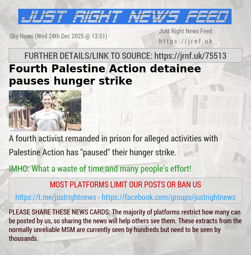 Fourth Palestine Action detainee pauses hunger strike