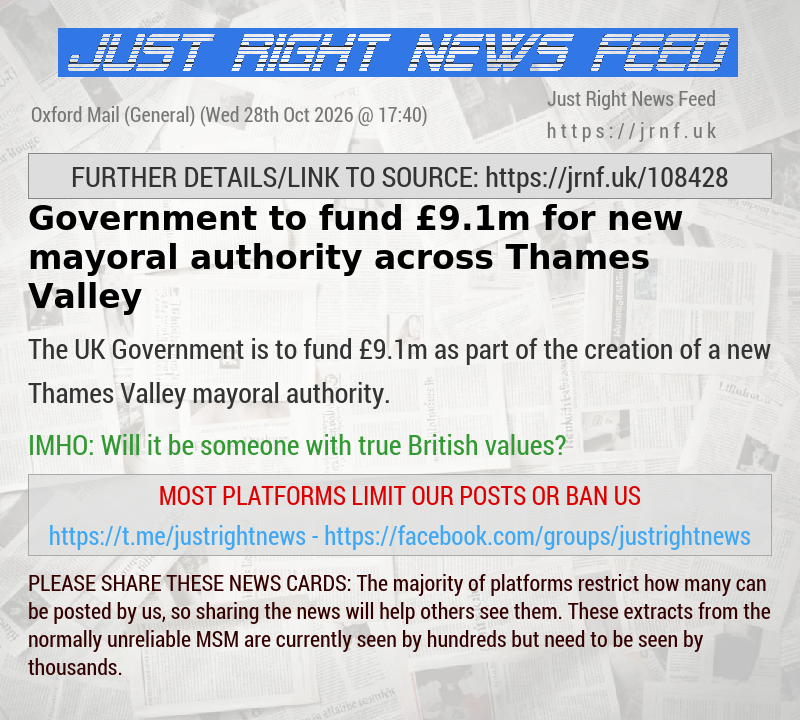 Government to fund &pound;9.1m for new mayoral authority across Thames Valley