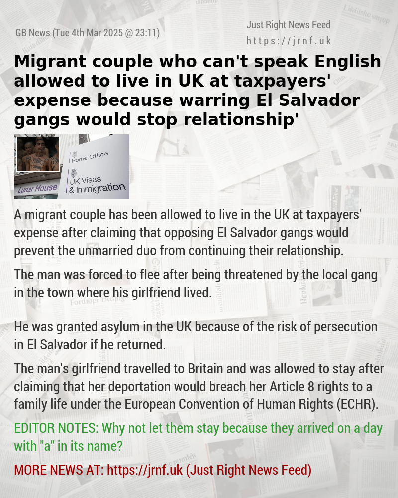 Migrant couple who can’t speak English allowed to live in UK at taxpayers’ expense because warring El Salvador gangs ‘would stop relationship’