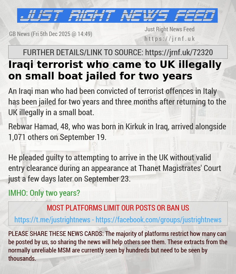 Iraqi terrorist who came to UK illegally on small boat jailed for two years