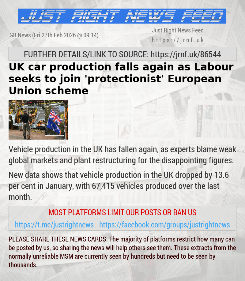UK car production falls again as Labour seeks to join ’protectionist’ European Union scheme