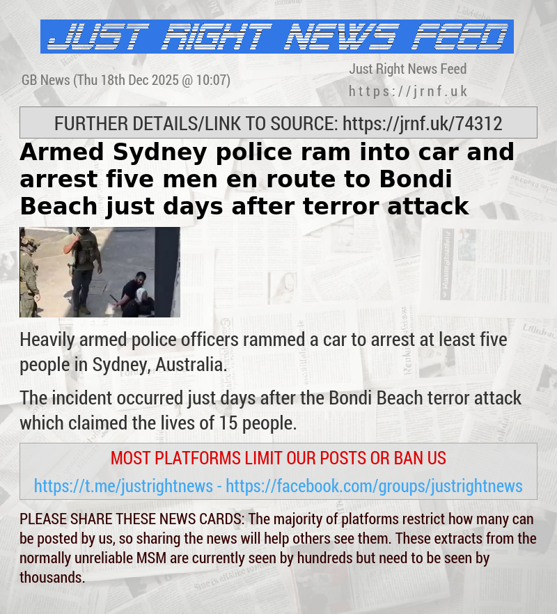 Armed Sydney police ram into car and arrest five men en route to Bondi Beach just days after terror attack