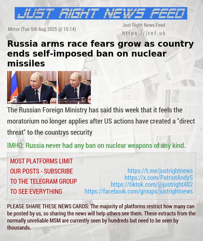 Russia arms race fears grow as country ends self—imposed ban on nuclear missiles