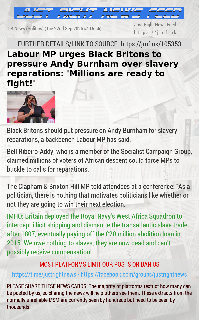 Labour MP urges Black Britons to pressure Andy Burnham over slavery reparations: ’Millions are ready to fight!’