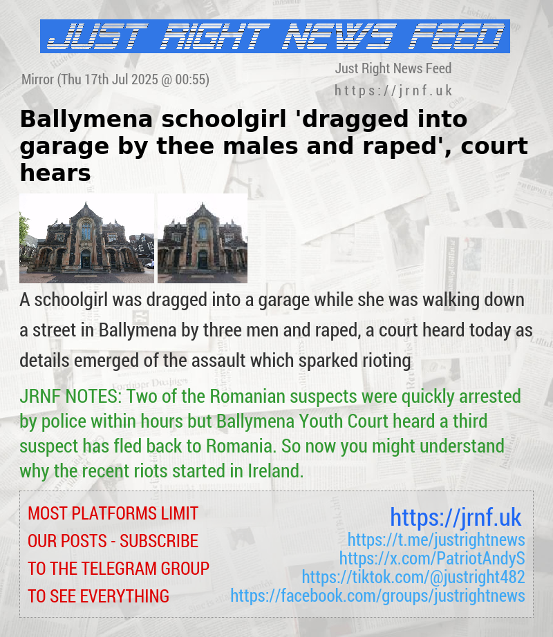Ballymena schoolgirl ’dragged into garage by thee males and raped’, court hears